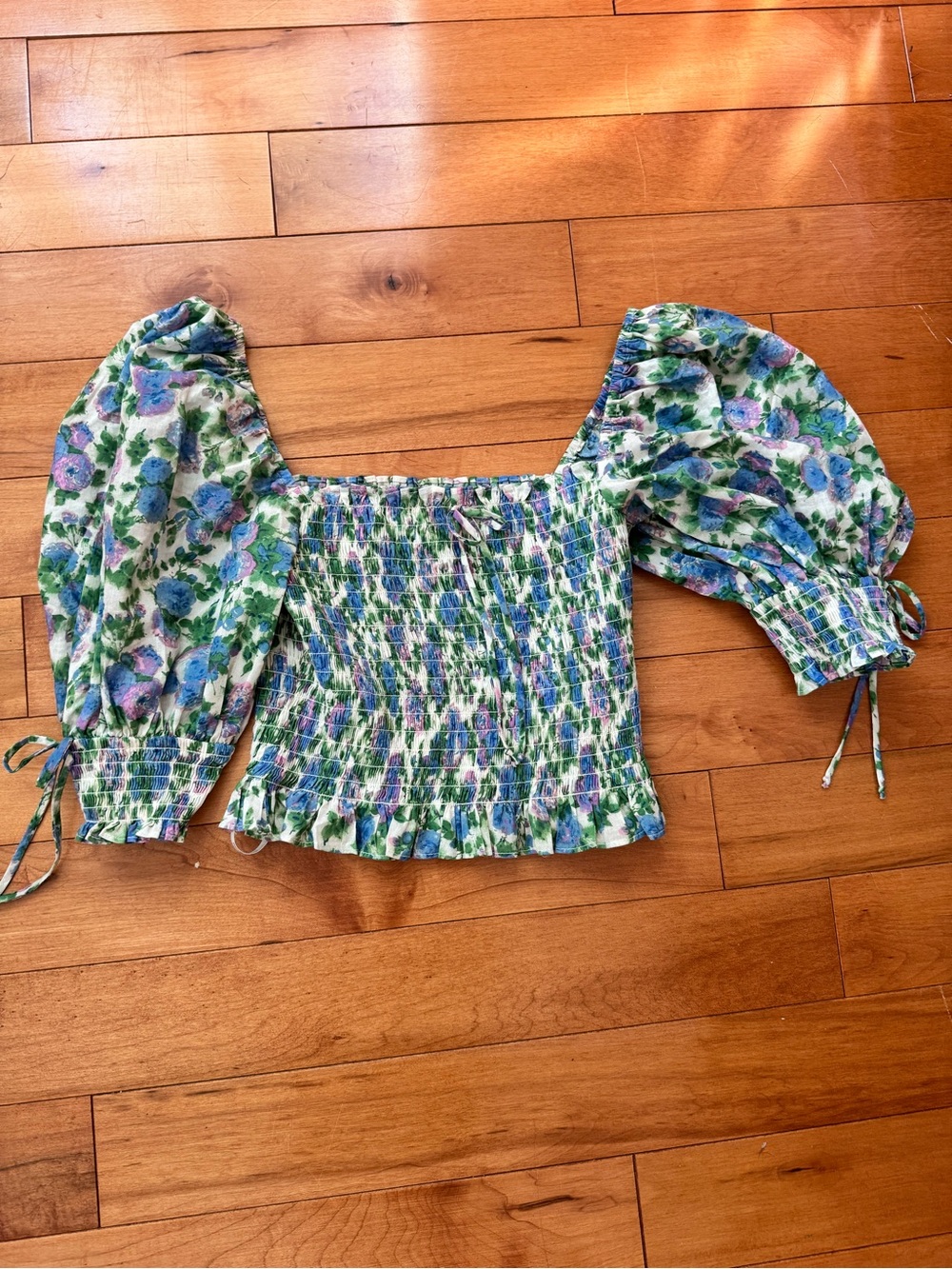 For Love & Lemons Green and Blue Floral Smocked Puff Sleeve Top
